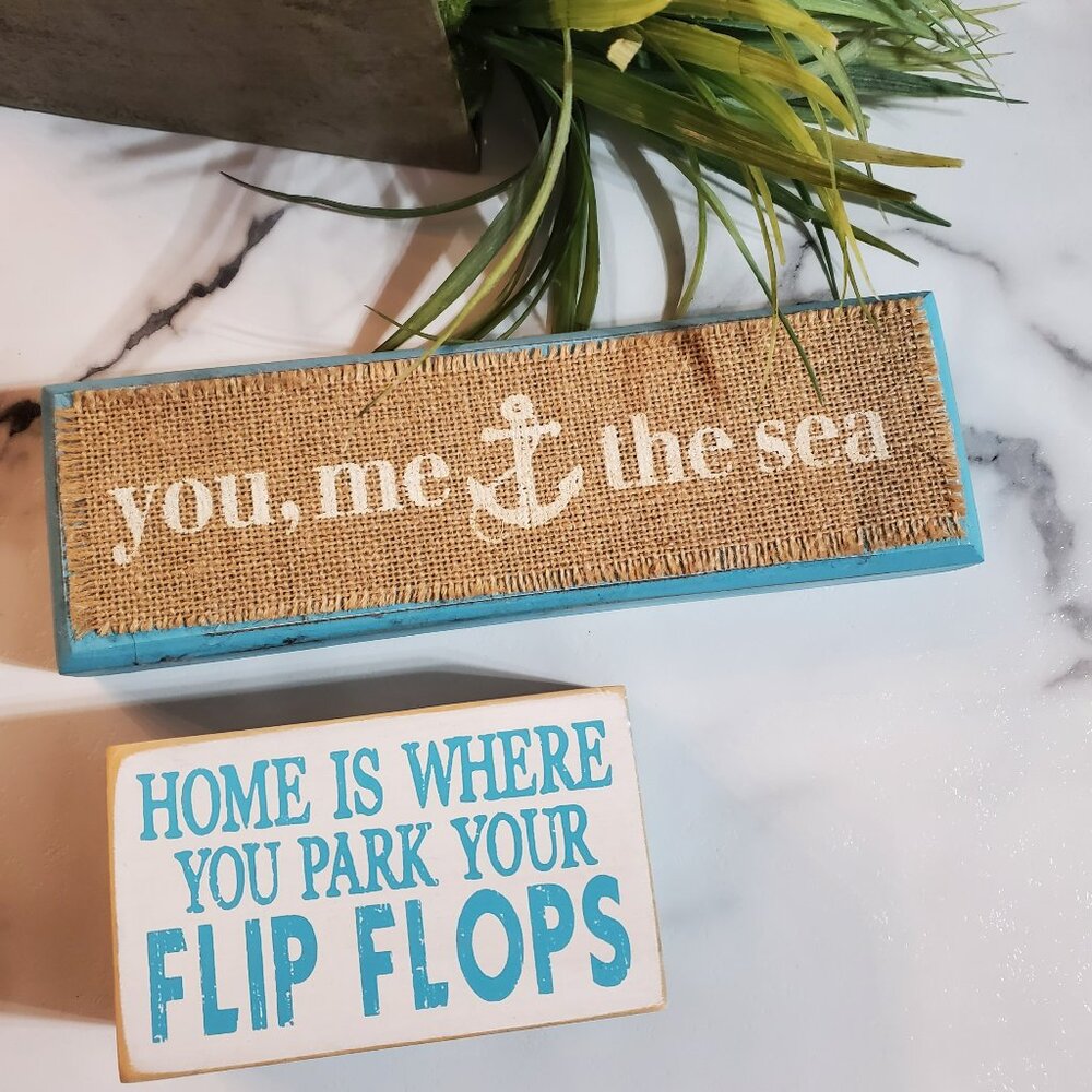 2 Wood Beach Decor Signs You, Me & The Sea and Flip Flops